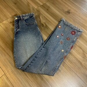 Calvin‎ Klein Jeans Blue Flare Jeans Fringed Hem Embroidered Flowers Womens 4